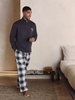 Hot Next Slate Grey Long Sleeve Embroidered Quarter Zip Pyjamas Set