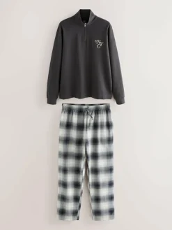 Hot Next Slate Grey Long Sleeve Embroidered Quarter Zip Pyjamas Set