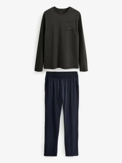 New Next Long Sleeve Jersey Pyjamas Set Slate Grey/Navy