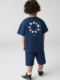 Clearance smALLSAINTS Navy Younger Boys Tierra 100% Cotton T-Shirt and Sweat Shorts Set