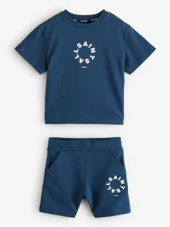 Clearance smALLSAINTS Navy Younger Boys Tierra 100% Cotton T-Shirt and Sweat Shorts Set