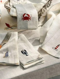 Sophie Allport Set of 4 Pale Blue Linen Coastal Embroidered Napkins