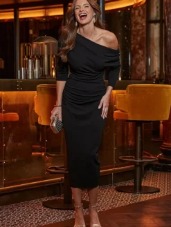 Sosandar Asymmetric Ruched Midi Dress^Women Midi Dresses|Occasion Dresses