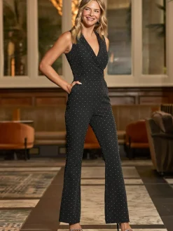 New Sosandar Black Luxury Sparkling Stud Kick Flare Jumpsuit