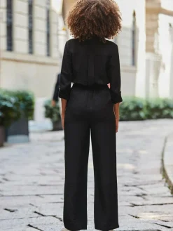 New Sosandar Black Side Stripe Button Front Jumpsuit