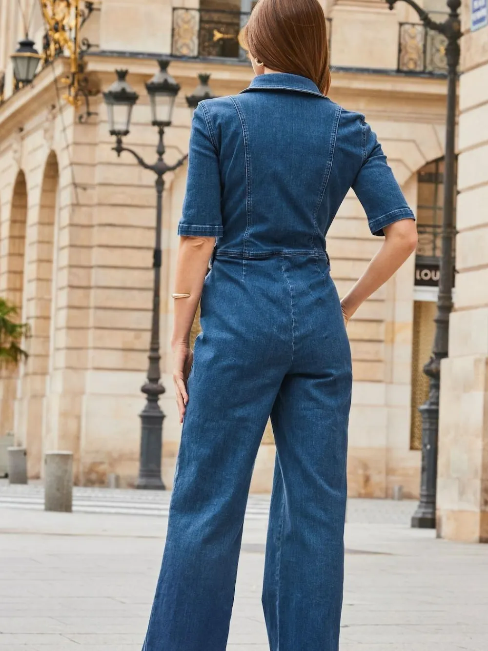 Hot Sosandar Blue Chrome Zip Front Wide Leg Denim Jumpsuit