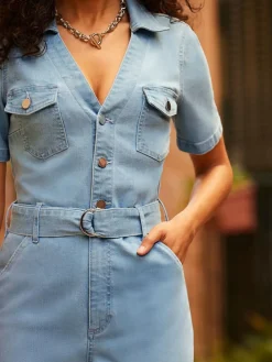 Sosandar Blue D Ring Belt Culotte Denim Jumpsuit^Women Jumpsuits & Playsuits