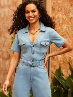 Sosandar Blue D Ring Belt Culotte Denim Jumpsuit^Women Jumpsuits & Playsuits