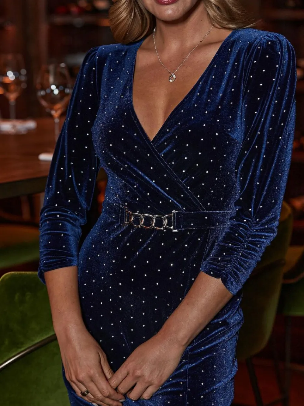 Sosandar Blue Velvet Sparkle Wrap Front Dress^Women Occasion Dresses