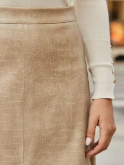 Clearance Sosandar Natural Croc Print Faux Leather A-Line Skirt
