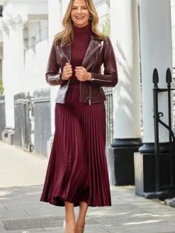 Outlet Sosandar Pleated Satin Midi Skirt Purple