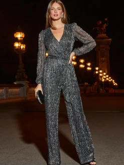 Sosandar Silver Sparkle Plisse Wrap Front Wide Leg Jumpsuit^Women Jumpsuits & Playsuits
