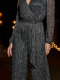 Sosandar Silver Sparkle Plisse Wrap Front Wide Leg Jumpsuit^Women Jumpsuits & Playsuits