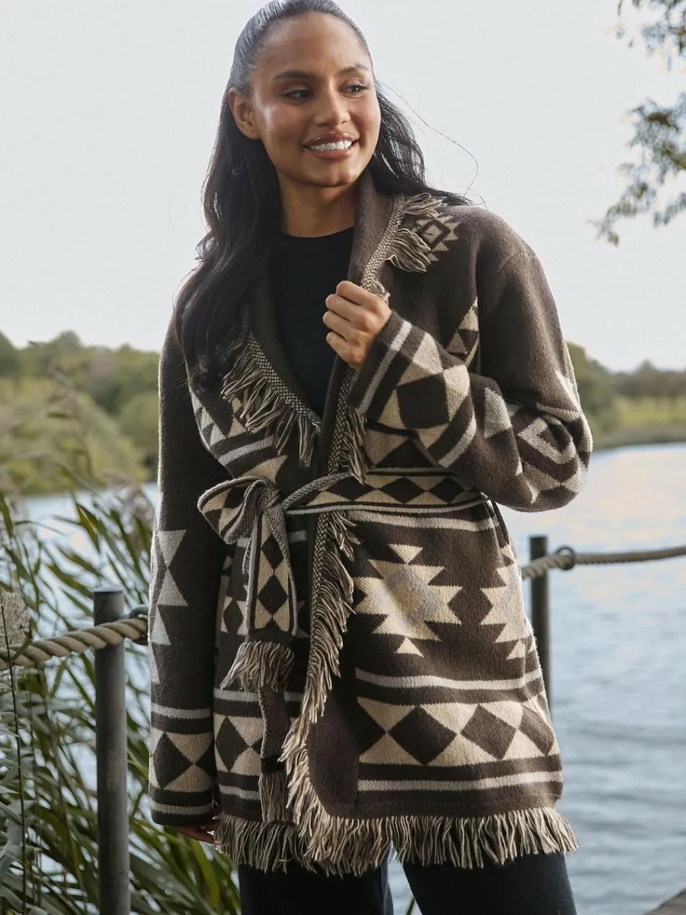 South Beach Jacquard Wasit Tie Knitted Fringe Cardigan Brown