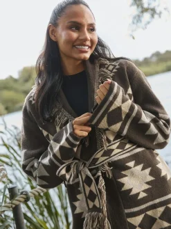 South Beach Jacquard Wasit Tie Knitted Fringe Cardigan Brown