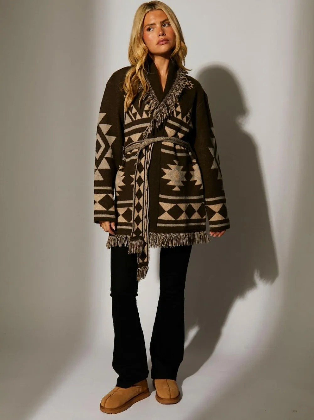 South Beach Jacquard Wasit Tie Knitted Fringe Cardigan Brown