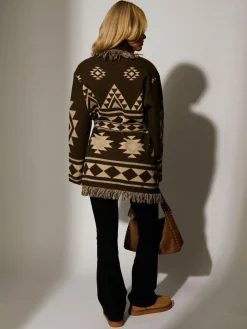 South Beach Jacquard Wasit Tie Knitted Fringe Cardigan Brown