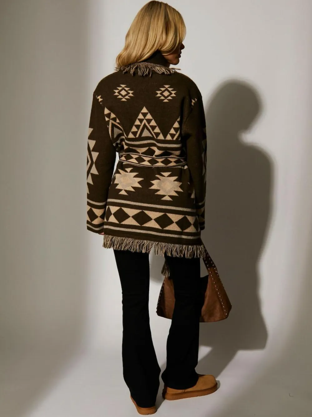 South Beach Jacquard Wasit Tie Knitted Fringe Cardigan Brown