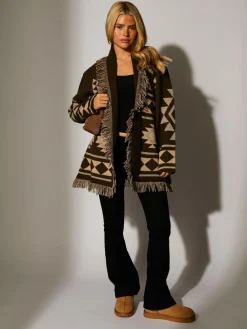 South Beach Jacquard Wasit Tie Knitted Fringe Cardigan Brown
