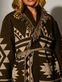 South Beach Jacquard Wasit Tie Knitted Fringe Cardigan Brown
