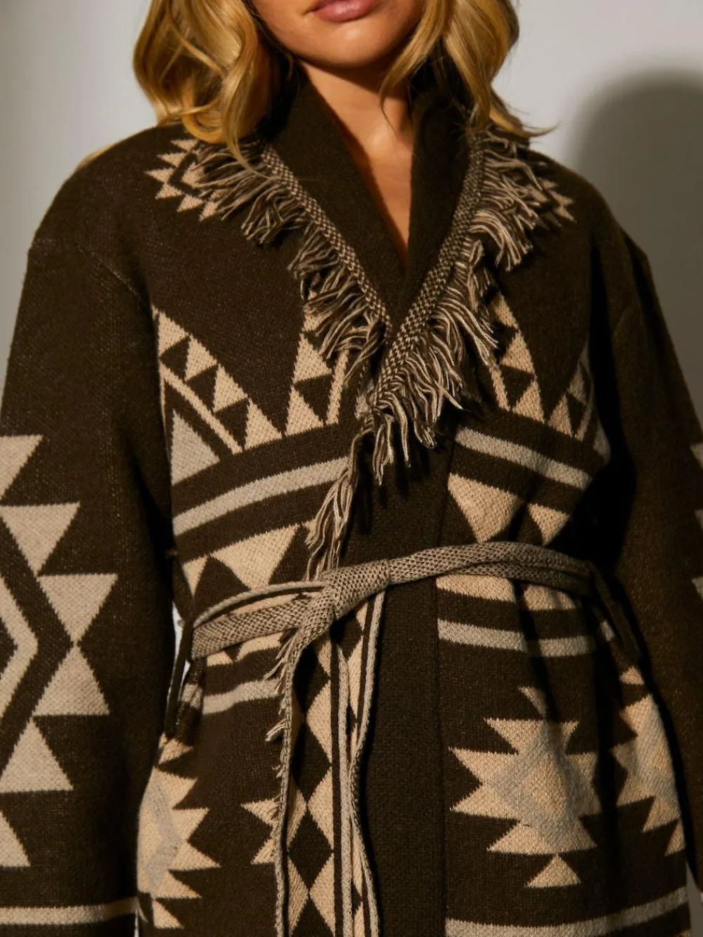 South Beach Jacquard Wasit Tie Knitted Fringe Cardigan Brown