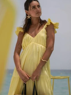 Best South Beach 100% Cotton Frill Sleeve Tiered Maxi Dress Yellow