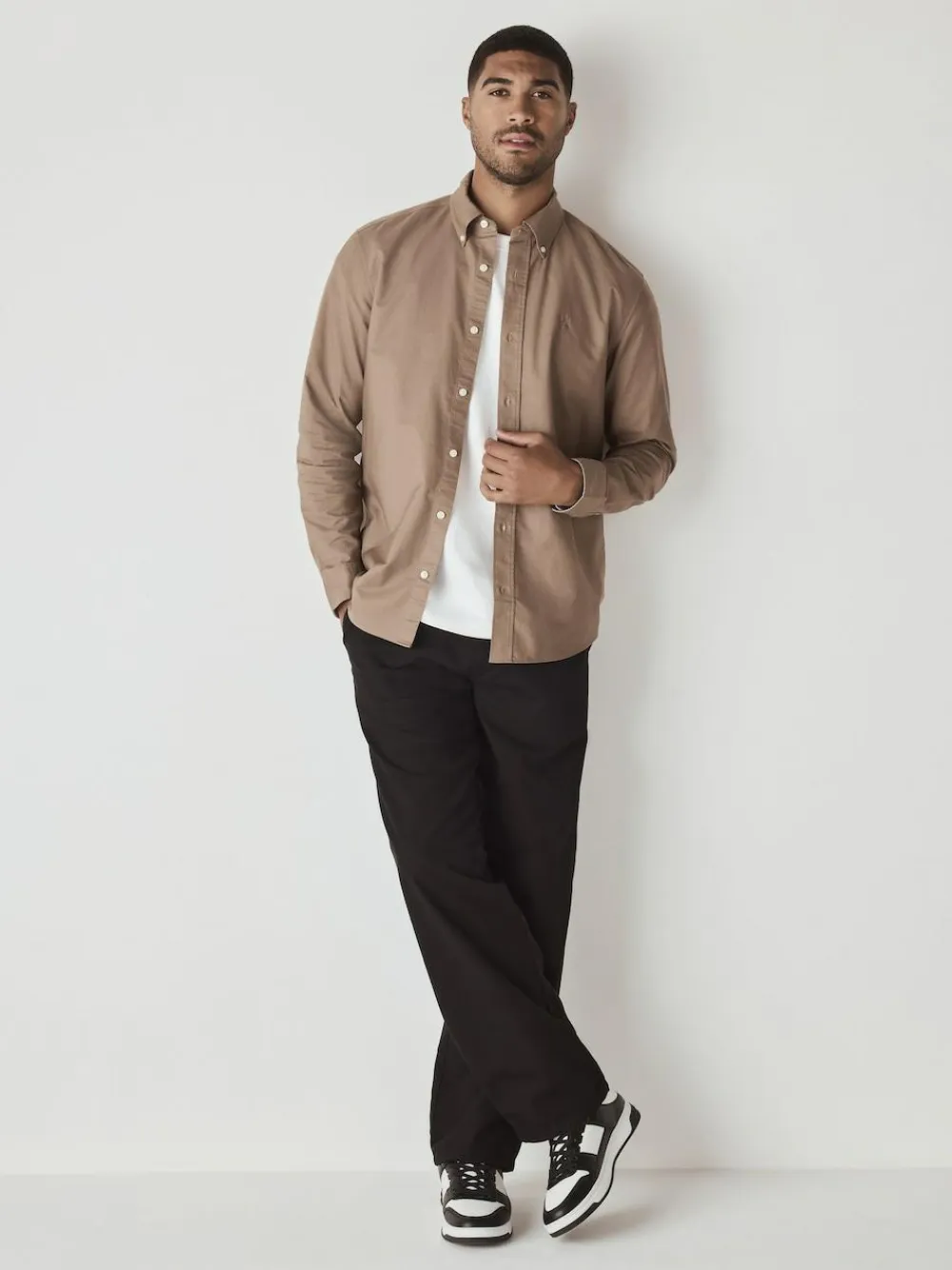 Online Next Stone Natural Slim Fit Long Sleeve Oxford Shirt