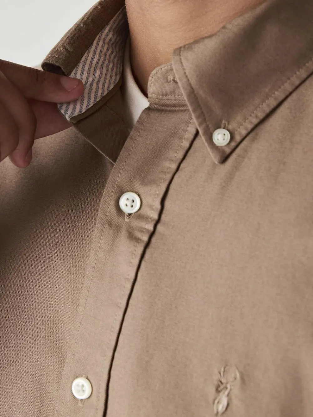 Online Next Stone Natural Slim Fit Long Sleeve Oxford Shirt