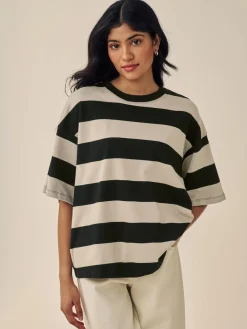 Online Next Stone Neutral Stripe Oversized Relaxed Fit Boxy Heavyweight Crew Neck T-Shirt