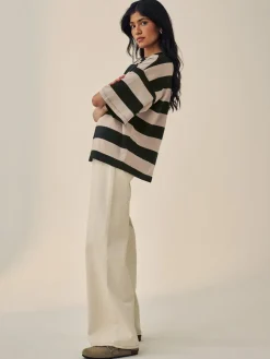 Online Next Stone Neutral Stripe Oversized Relaxed Fit Boxy Heavyweight Crew Neck T-Shirt