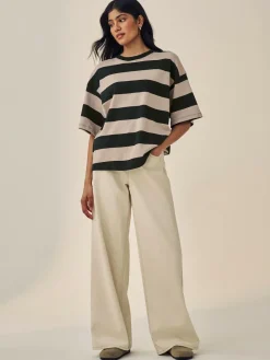 Online Next Stone Neutral Stripe Oversized Relaxed Fit Boxy Heavyweight Crew Neck T-Shirt