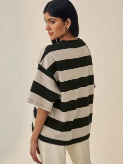 Online Next Stone Neutral Stripe Oversized Relaxed Fit Boxy Heavyweight Crew Neck T-Shirt