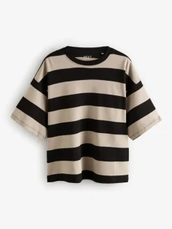 Online Next Stone Neutral Stripe Oversized Relaxed Fit Boxy Heavyweight Crew Neck T-Shirt