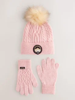 Best Superdry Pom Hat and Gloves Set Pink