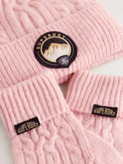 Best Superdry Pom Hat and Gloves Set Pink