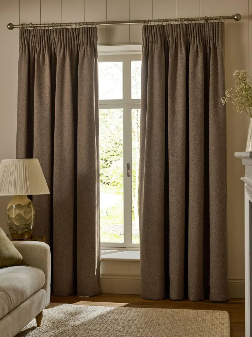 Online Next Brushed Herringbone Pencil Pleat Blackout Thermal Curtains Tan Brown