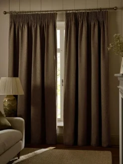 Online Next Brushed Herringbone Pencil Pleat Blackout Thermal Curtains Tan Brown