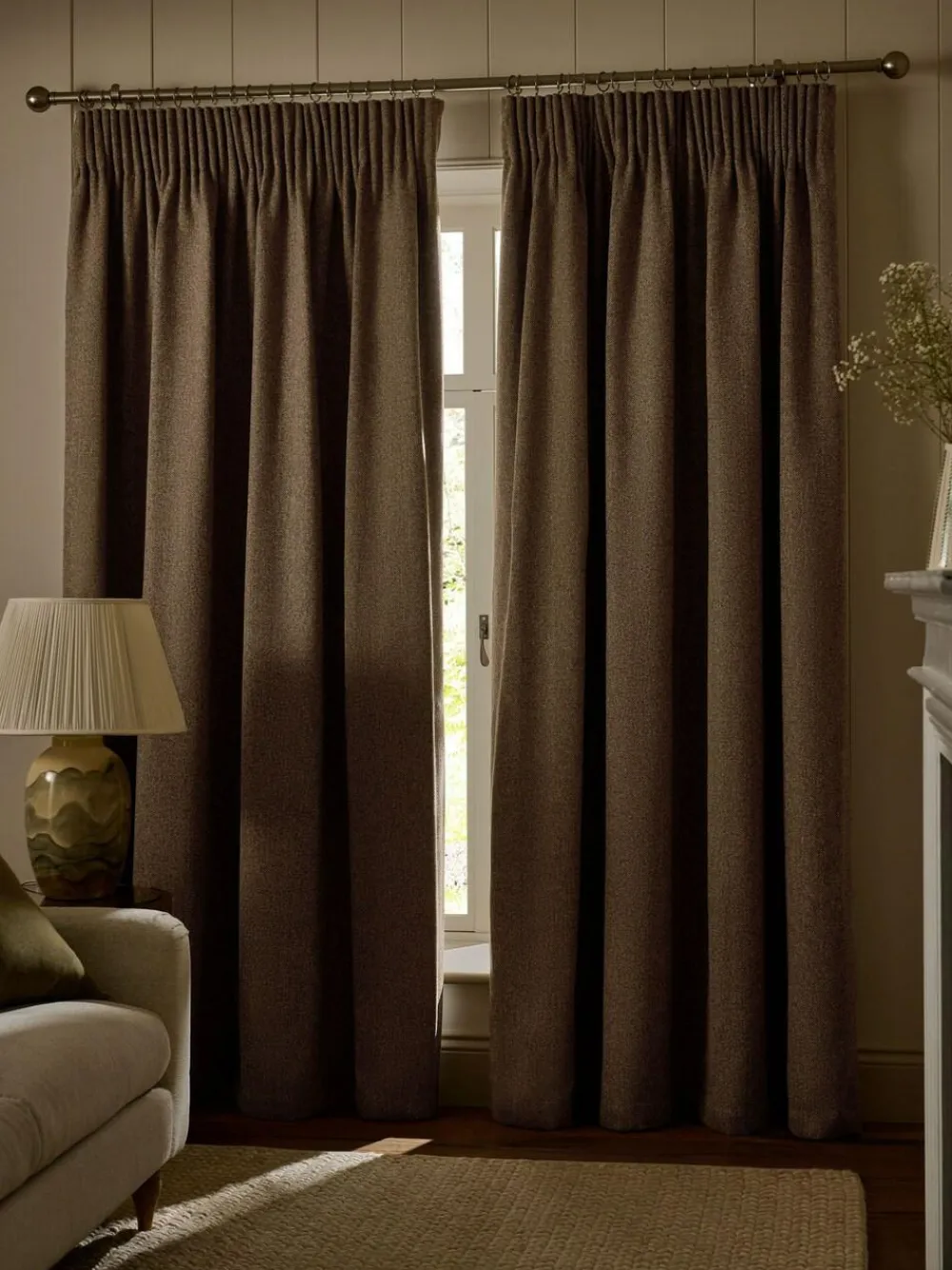 Online Next Brushed Herringbone Pencil Pleat Blackout Thermal Curtains Tan Brown