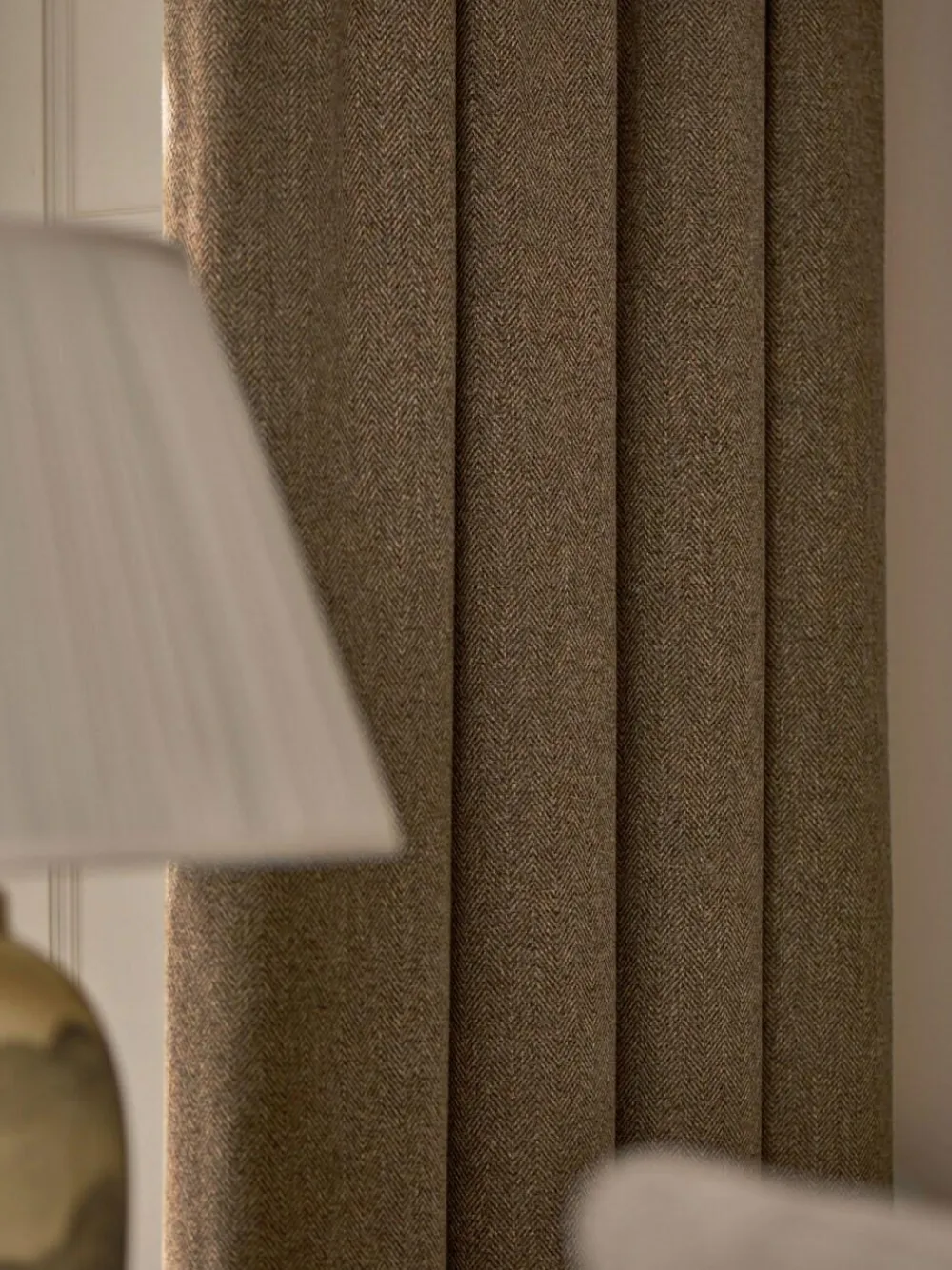 Online Next Brushed Herringbone Pencil Pleat Blackout Thermal Curtains Tan Brown