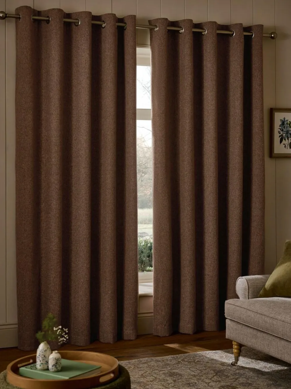 Sale Next Brushed Herringbone Eyelet Blackout Thermal Curtains Tan Brown