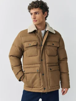 Next Tan Brown Canvas Worker Puffer Jacket With Borg Collar^ Coats & Jackets|Coats & Jackets