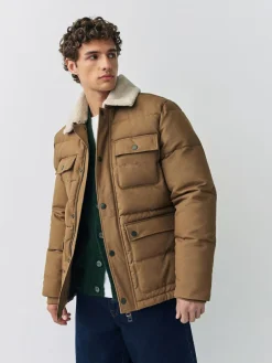 Next Tan Brown Canvas Worker Puffer Jacket With Borg Collar^ Coats & Jackets|Coats & Jackets