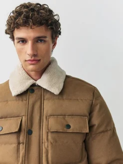Next Tan Brown Canvas Worker Puffer Jacket With Borg Collar^ Coats & Jackets|Coats & Jackets