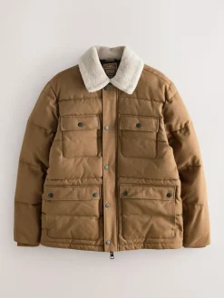 Next Tan Brown Canvas Worker Puffer Jacket With Borg Collar^ Coats & Jackets|Coats & Jackets