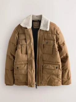 Next Tan Brown Canvas Worker Puffer Jacket With Borg Collar^ Coats & Jackets|Coats & Jackets