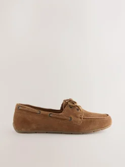 Next Tan Brown Extra Wide Fit Leather Round Toe Boat Shoes