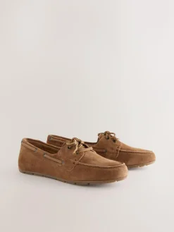 Next Tan Brown Extra Wide Fit Leather Round Toe Boat Shoes
