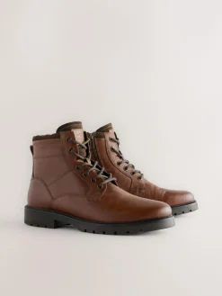 Outlet Next Leather Zip-Up Borg Lined Boots Tan Brown