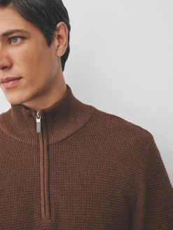 Outlet Next Plain N.Premium Regular Fit Cotton Rich Textured Premium Quarter Zip Jumper Tan Brown