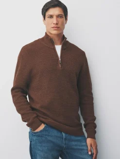 Outlet Next Plain N.Premium Regular Fit Cotton Rich Textured Premium Quarter Zip Jumper Tan Brown